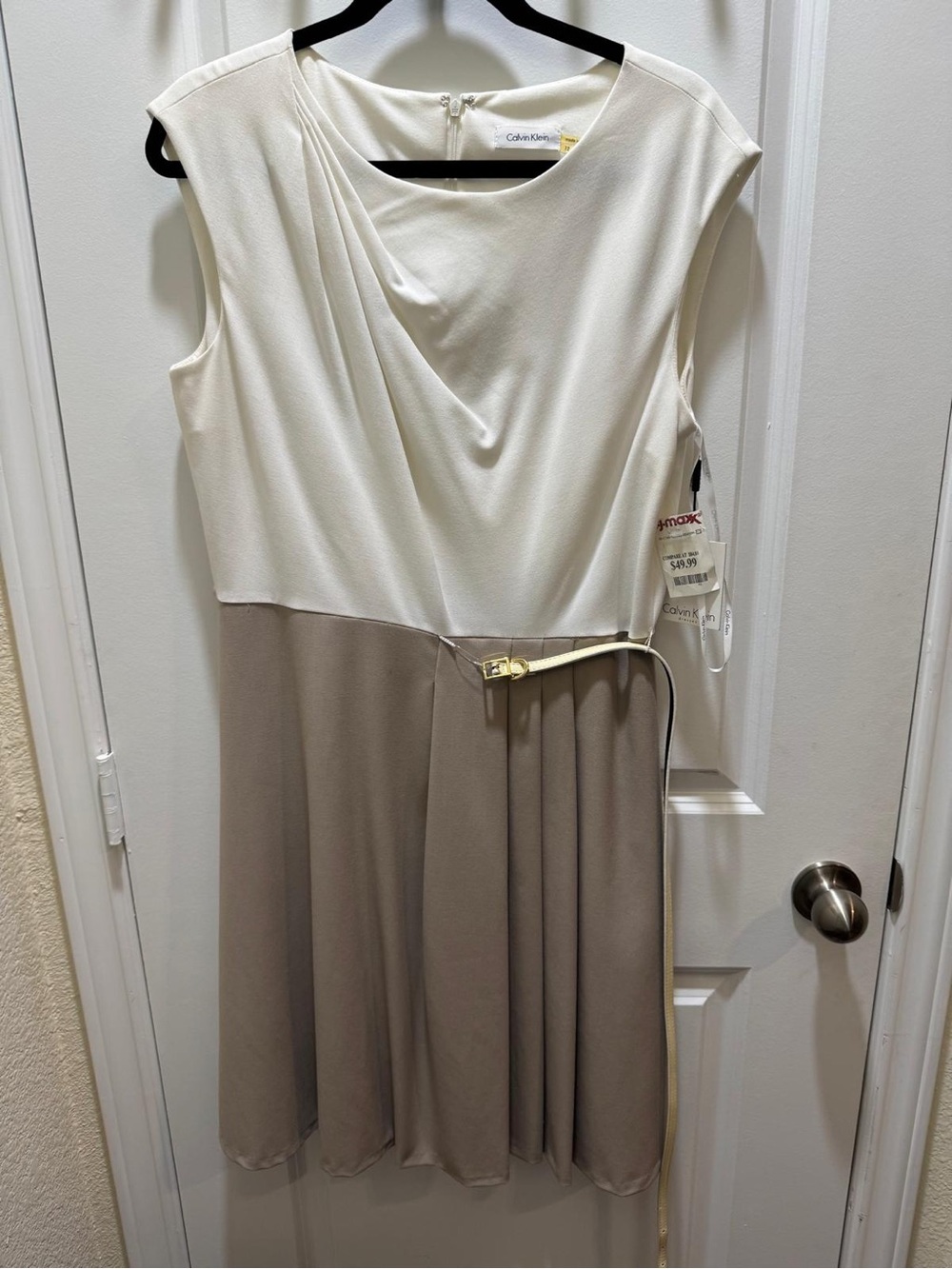 Calvin Klein Ivory and Taupe Sleeveless Draped Dress with Slim Belt